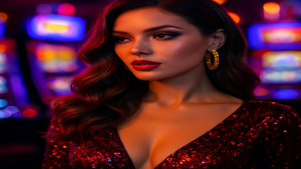 একটি গ্ল্যামারাস নারী জটিল মেকআপ ও অলংকারে সজ্জিত, 5Z777-র উজ্জ্বল গেমিং প্ল্যাটফর্মে আকর্ষণীয় হাসি ছড়িয়ে দেন; পেছনের আরকেড-গেমের রঙ্গিন আলোগুলো ধূসর-ঝাপসা হয়ে গেছে।