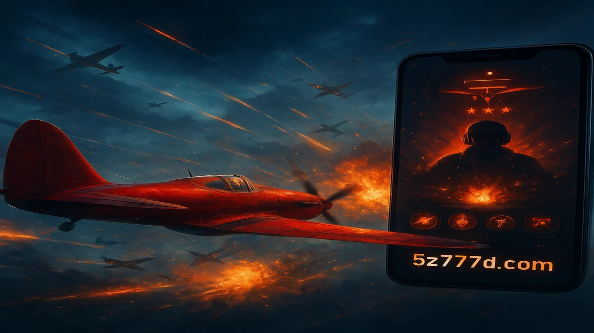 5Z777-এ অ্যাভিয়েটর গেমের প্রচারণামূলক ছবি, যেখানে একটি লাল প্রপেলার বিমান বিস্ফোরণমুখর একটি ভূদৃশ্যের ওপর উড়ছে, ডানদিকে মোবাইল গেম ইন্টারফেসটি দেখা যাচ্ছে।