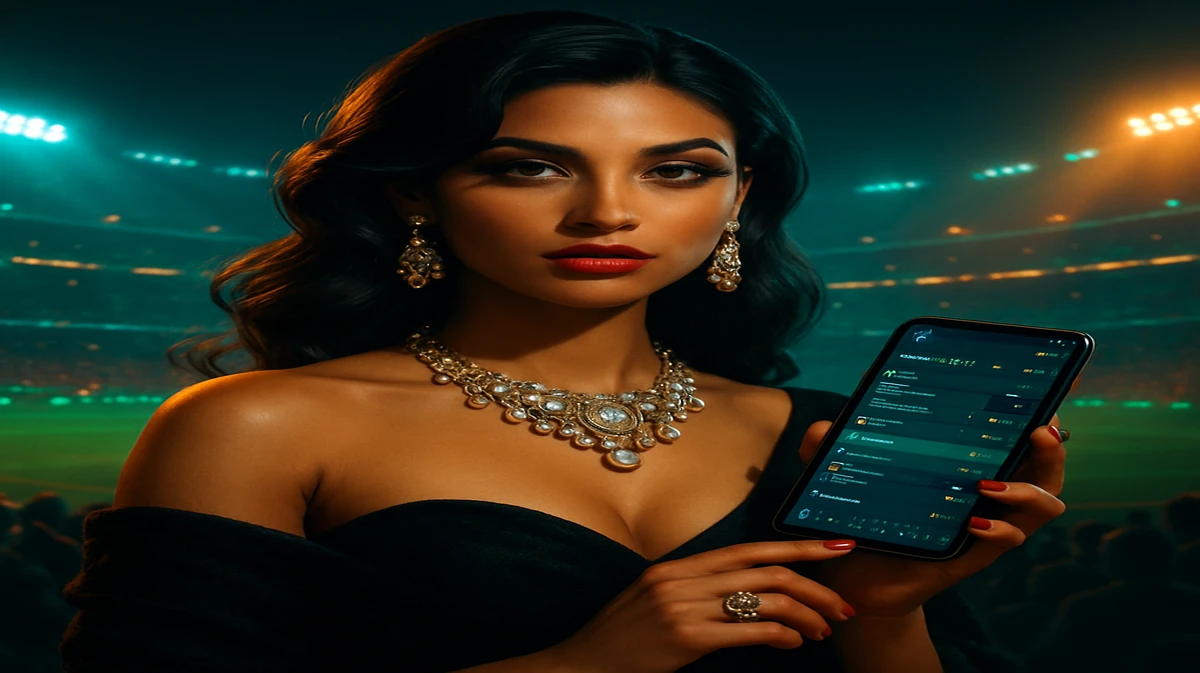 একজন আধুনিক নারী ভিড়ঘেরা স্টেডিয়াম থেকে তাকিয়ে আছেন, হাতে স্মার্টফোনে 5Z777 স্পোর্টস গেমিং অ্যাপটি খোলা, খেলার জন্য প্রস্তুত।