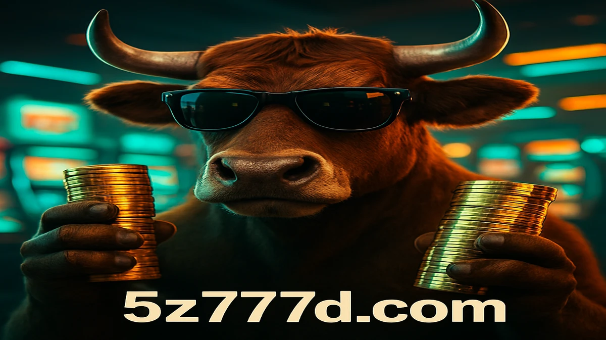 5Z777-র ফরচুন অক গেমটির শক্তিশালী মাসকট, সানগ্লাস পরা একটি কুল বুল, স্বর্ণের কয়েনের স্তূপগুলো ধরে একটি প্রাণবন্ত গেমিং প্ল্যাটফর্ম সেটিংয়ে।