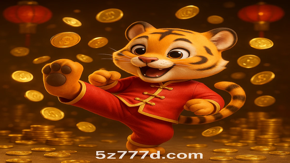 5Z777-এ ফরচুন টাইগার গেমের মিষ্টি কার্টুন মাসকটটি স্বর্ণের কয়েন ছড়িয়ে পড়া ঝড়ের মাঝে এবং সৌভাগ্যবান লাল লণ্ঠনের আলোয় একটি মার্শাল আর্ট ভঙ্গি ধারণ করেছে।